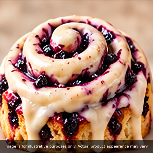 Blueberry Vanilla dessert roll with blueberry filling and vanilla bean icing. Image is for illustrative purposes only; actual product appearance may vary.