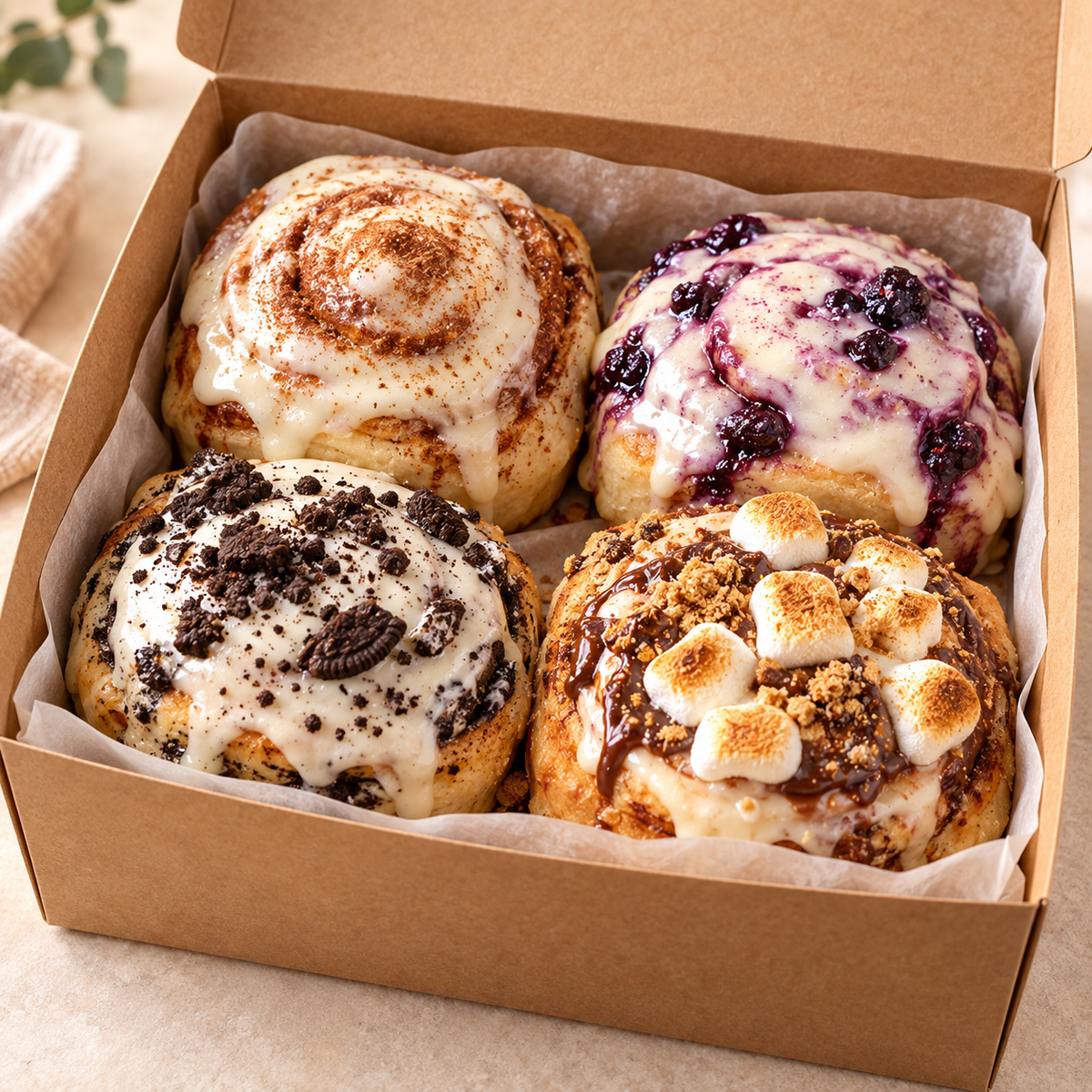 Open bakery box with four Sweet Blends dessert rolls in Brown Butter Classic, Blueberry Vanilla, Cookies and Cream, and S'mores flavors